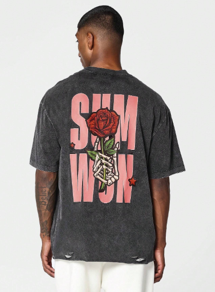 SUMWON Washed Ribbed Tee With Graphic Print College Ready