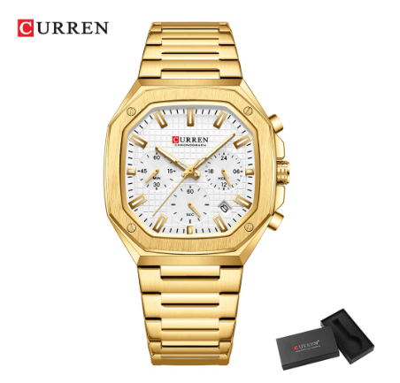 CURREN top luxury High-end fashion Business temperament Stainless steel design Seiko manufacture Quartz waterproof  Watch GOLD WHITE