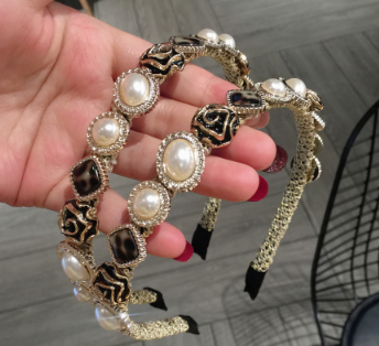 Korean Baroque Pearl Rose Headband Retro Thin Hair Band Woman Hair Accessories