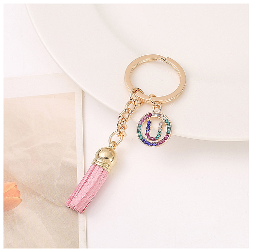 Mini Colorful Rhinestone A-Z Letter Keychains Trendy Tassel 26 Initials Metal Keyring Bag Charms Pendant Key Holder Accessories U