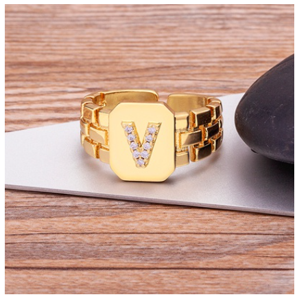 New Arrival Fashion Gold Color Initial Ring Open Design Adjustable Hot Sale A-Z Letters Zircon Rings For Women V