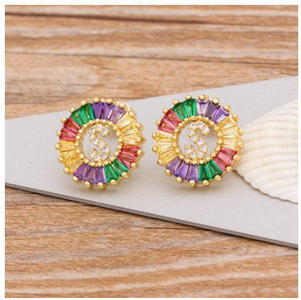 Colorful Choice 26 Initial Letters Earrings Cute Alphabet Copper CZ A-Z Rainbow Stud Earrings Name Jewelry S