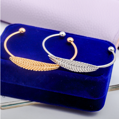 Women Gold Open Cuff Bracelet Simple Leaf Bracelet