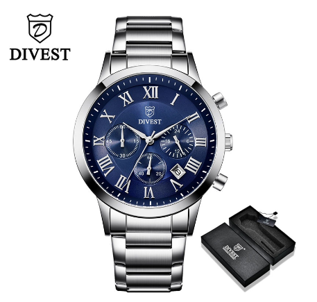 DIVEST Men's Watches Brand Fashion Luxury Sport Stainless Steel Business Quartz Men Watch Waterproof 9009 SILVER BLUE