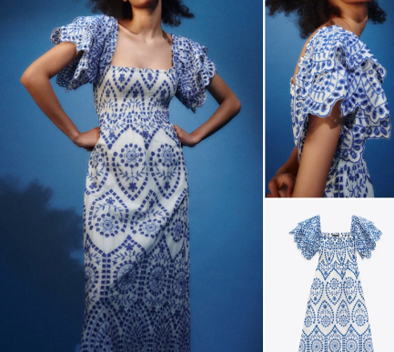 Blue and White Porcelain Lotus Leaf Sleeve Hollow Embroidery Midi Backless Dress