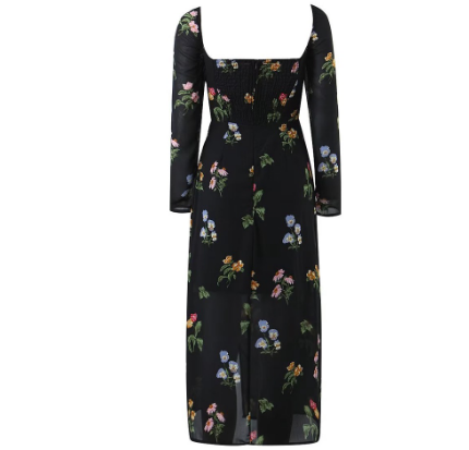 Sexy Square Neck Floral Long Sleeve Split Dress
