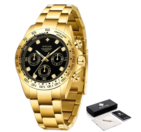 Wwoor Top Brand Mens Sports Quartz Watches Stainless Steel Military Waterproof Three Eyes Chronograph Luxury Wristwatch BLACK DIAL GOLD CASE STRAP