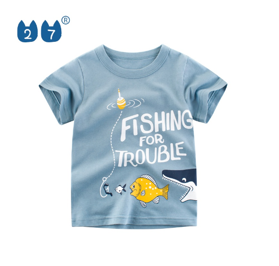 27Kids Quality Summer Clothing Kids Shirt Cotton Plane Fish Animals Dino Fashion Casual Boy Toddler D15