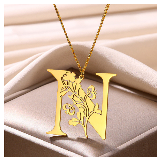 Beauty Flower A-Z Letter Necklaces for Women Men Stainless Steels Flower Initial Pendant Necklace N