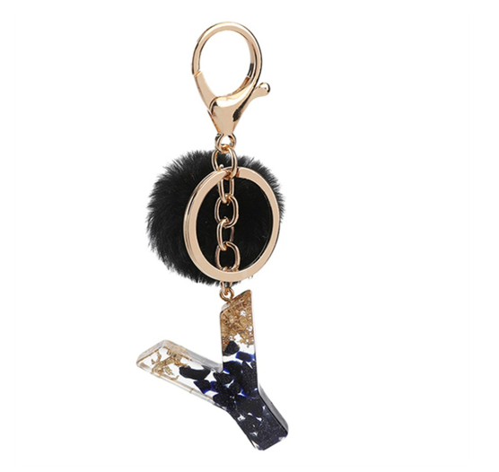 New Black Pompom 26 English Alphabet Resin With Gold Foil Keychain Charms Exquisite Letter Keyring X