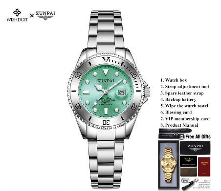 ZUNPAI Watch for Woman Original Waterproof Stainless Steel Silver/Gold Business Fashion Trend Luminous Calendar Women Watch SILVER GREEN