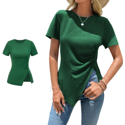 Lovito Women Casual Plain Asymmetrical T-Shirt LBE04113 (Green)
