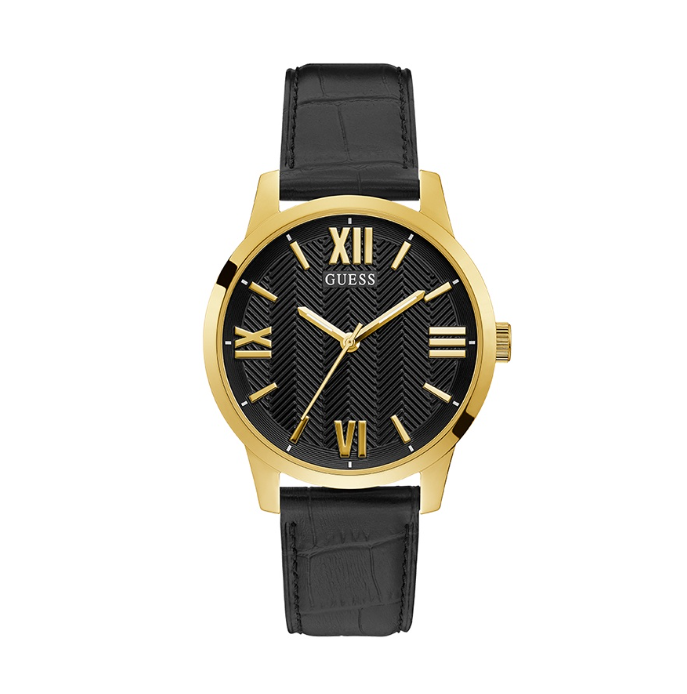 Guess Casual Black Leather Watch For Men GW0250G2