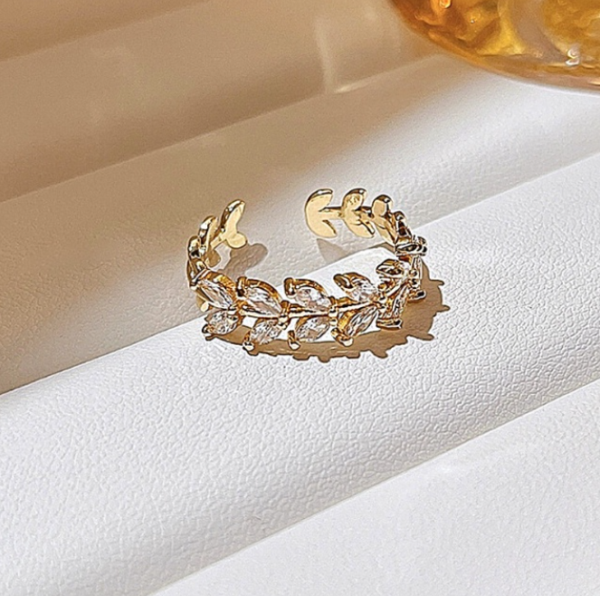 Gold plated Leaves of the Ring Zircon Adjustable Open Ring Fashion Women Jewelry Accessories