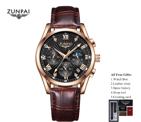 ZUNPAI Watch for Men Original Waterproof Leather Strap Unisilver Gold Business Sun Moon Star Multifunction Calendar Luminous Watch ROSEGOLD BLACK