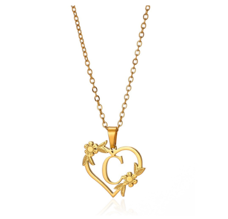 New Personalized Creative Gold Plated Stainless Steel Love Flower Hollow Heart A-Z Letter Necklace Initial Name Pendant Women's C