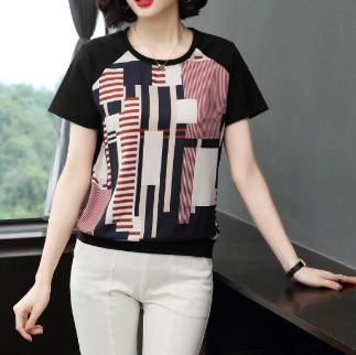 Blouse Short Sleeve Round Neck T-Shirt Women Plus Size Geometric Casual Fashion Top