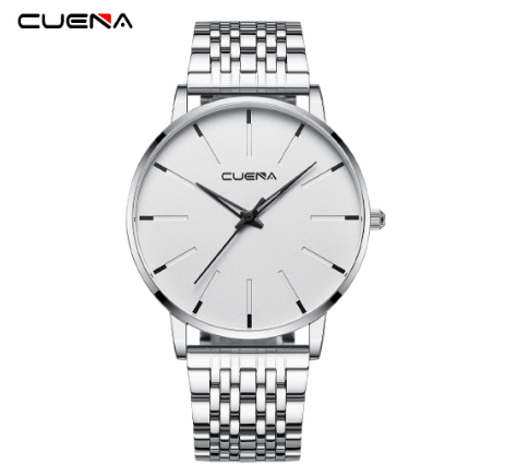 CUENA Men's Watch Simple Design Fashion Business Analog Quartz Stainless Steel Waterproof 6029 SILVER WHITE
