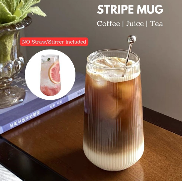Stripe Ribbed Vintage Glassware Drinking Iced Coffee Mug Hot Cold Beverage Juice Cup