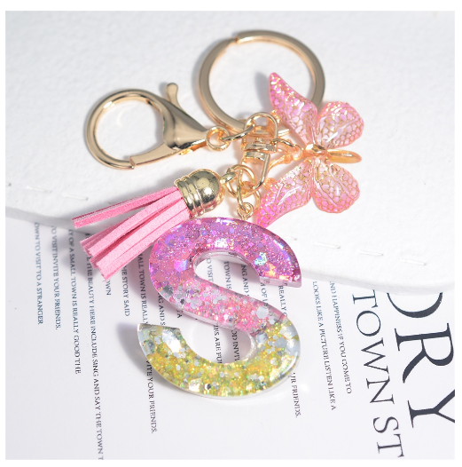 Glitter Sequin Filled 26 Letter Keychain With Tassel Exquisite Butterfly A-Z Alphabet Keyrings Women Bag Pendant Ornaments Gifts S