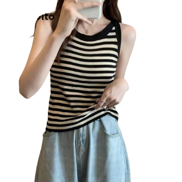 Lovito Casual Striped Round Neck Sleeveless Top for Women LNE06100 (Apricot/Black)