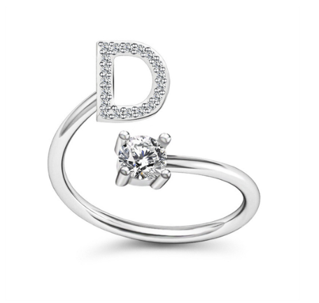 Simple Rhinestone 26 Letter Rings For Women Sliver Color Initials Adjustable Ring Opening Finger Accessories Wedding Jewelry D