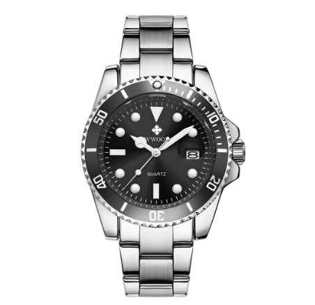 Wwoor Watch For Men Waterproof Quartz Wristwatch Stainless Steel Watches BLACK DIAL SILVER CASE STRAP