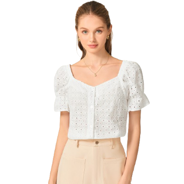 Lovito Women Casual Plain Button Front Eyelet Embroidery Puff Sleeve Blouses L71ED005 (White)
