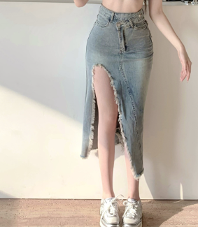 Lovito Women Washed Raw Hem Split Thigh Skirts LNA19252 Blue