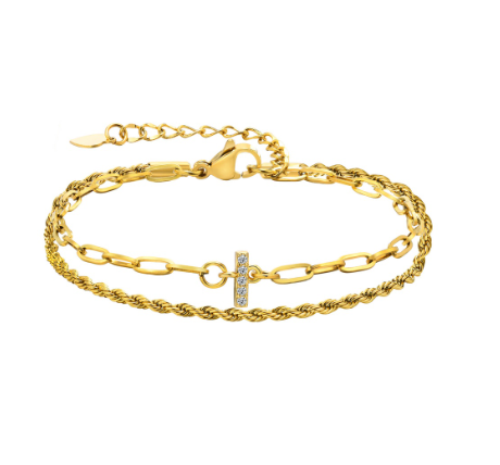 Vnox Letter Double Layer Braelet,18K Gold Fried Twistsed Paper Clip Zirconia Initial Stainless Steel Chain Link for Women I
