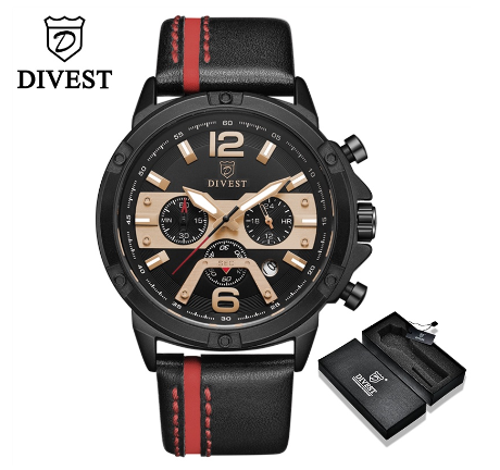DIVEST Watch Men Fashion Quartz Leather Chrono Business Luminous Creative Original Waterproof Men's Watches 9035 BLACK ROSEGOLD
