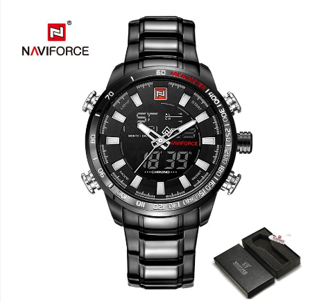 Naviforce NF9093 MenLuxury Chrono Sport Brand Military Waterproof El Backlight Digital Wristwatches BLACK