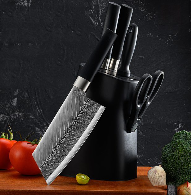 German Kitchen Knife Damascus Laser Pattern All-Steel Set