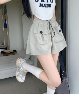 Lovito Women Casual Plain Pocket Button Shorts LNA30034 Apricot