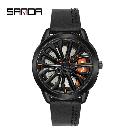 Sanda Fashion Pioneer Car Lover Cool Spinning Hub Racing Style Quartz Watch Style Luxury Watch BLACK LEATHER STRAP
