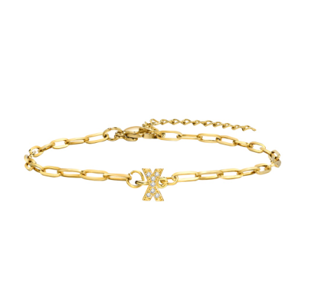 Vnox 18K Gold Zircon Initial Bracelet,Letter Charm Link Stainless Steel Flat Cross Bracelet X