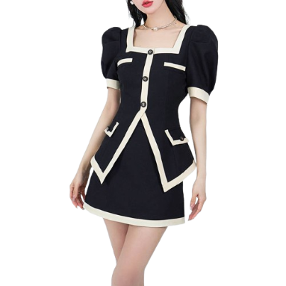 Lovito Women Casual Plain Contrast Binding Fake Pocket Skirt Sets LNE29464 (Black)