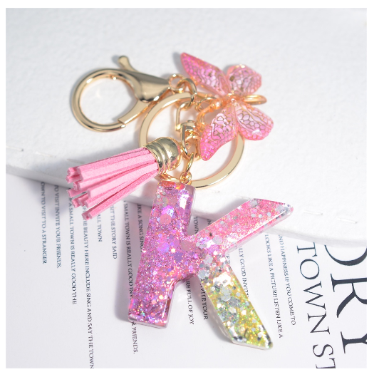 Glitter Sequin Filled 26 Letter Keychain With Tassel Exquisite Butterfly A-Z Alphabet Keyrings Women Bag Pendant Ornaments Gifts K