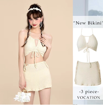 Swimwear Women's Skirt Apricot Cutout Three-Piece Swimsuit Holiday Travel Ins Fashion Beach Strappy Sexy Bikini