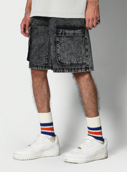 SUMWON Washed Denim Cargo Short With Pockets Detail