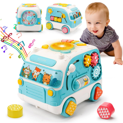 IBliver Baby Musical Bus Toys, Busy Crawling Learning Cube Baby Toys 6 9 12 18 Months Infants Toys with Light Music Toddler 1-3 Development Educational Sensory Toddler Boy Girl Toy