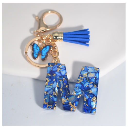 Fashion Butterfly 26 Initials Keychain Exquisite Blue Stone Filled Letter Keyrings Exquisite Alphabet Pendant Bag Ornament Gifts M