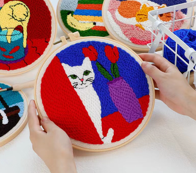 Abstract Cat Punch Needle Kit Soft Yarn DIY Needlework Embroidery Craft