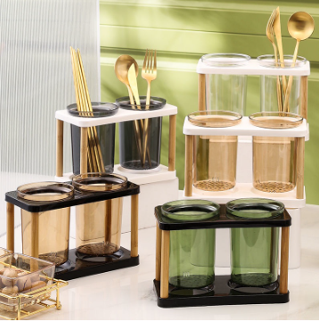 Wooden Stand Utensils Drainer Holder Simple Kitchen Storage Rack Chopsticks Transparent IP