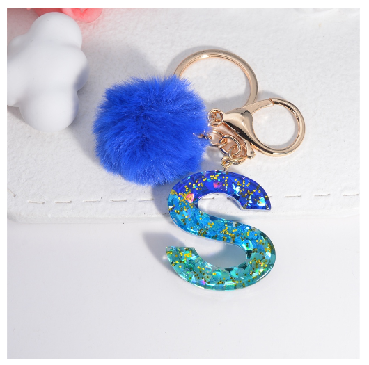 Exquisite Blue Pompom A-Z 26 Letter Keychain Glitter Heart Sequin Filled Initials Keyrings Bag Accessories Charm Car Keyholder S