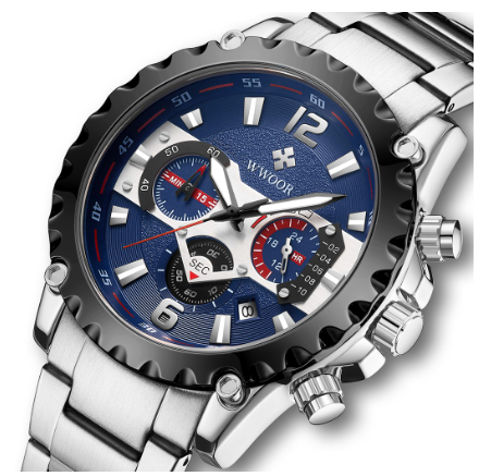 Wwoor Men Watch Stainless Steel Waterproof Original Quartz Battery Analog Wristwatch BLUE DIAL SILVER STRAP