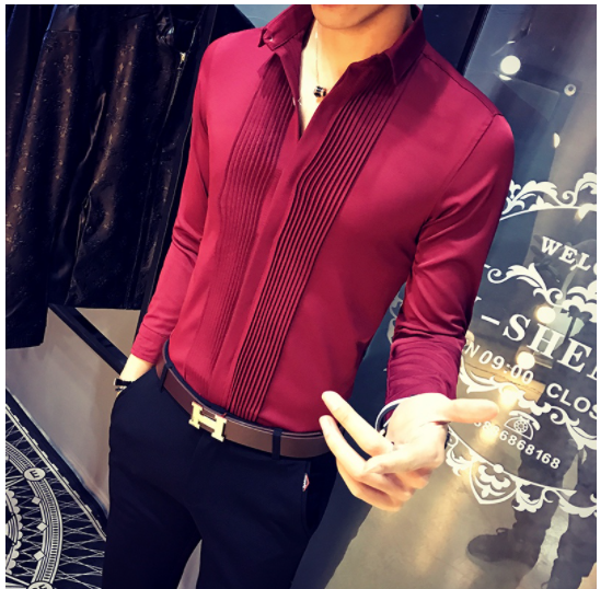 Men's Tuxedo Shirts Front Pleated Solid Dress Slim Fit Long Sleeve Blouse Gentleman Groomsman Party Wedding Tops Black Red White
