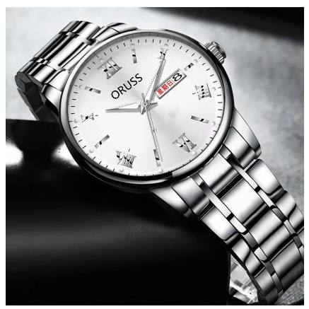 Oruss Luxury Silver Watch Men Original Waterproof Automatic Dual Calendar Quartz Watch Fashion Stainless Steel Strap Men Watch Relo 002