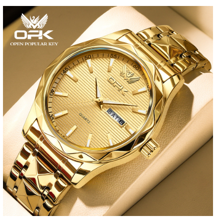 OPK Mens Watch Waterproof Original Quartz Luminous Calendar Stainless Steel Watch GOLD DIAL GOLD STRAP