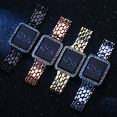 Rhinestone Touch Screen LED Digital Watch Women Stainless Steel Bracelet Wristwatch